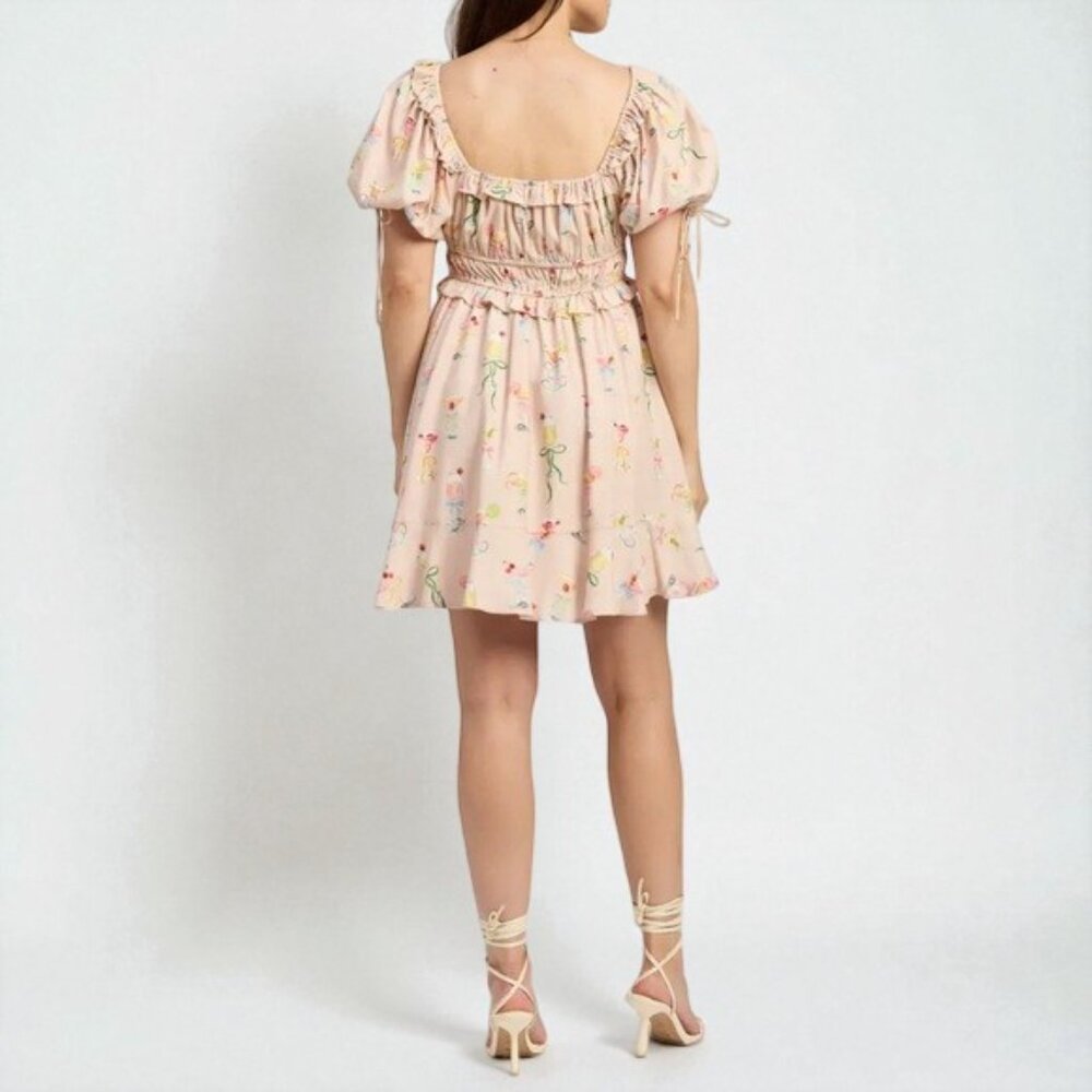 NWT En Saison Mia Ruffle Puff Sleeve Mini Dress Pink Multi - Picture 3 of 10